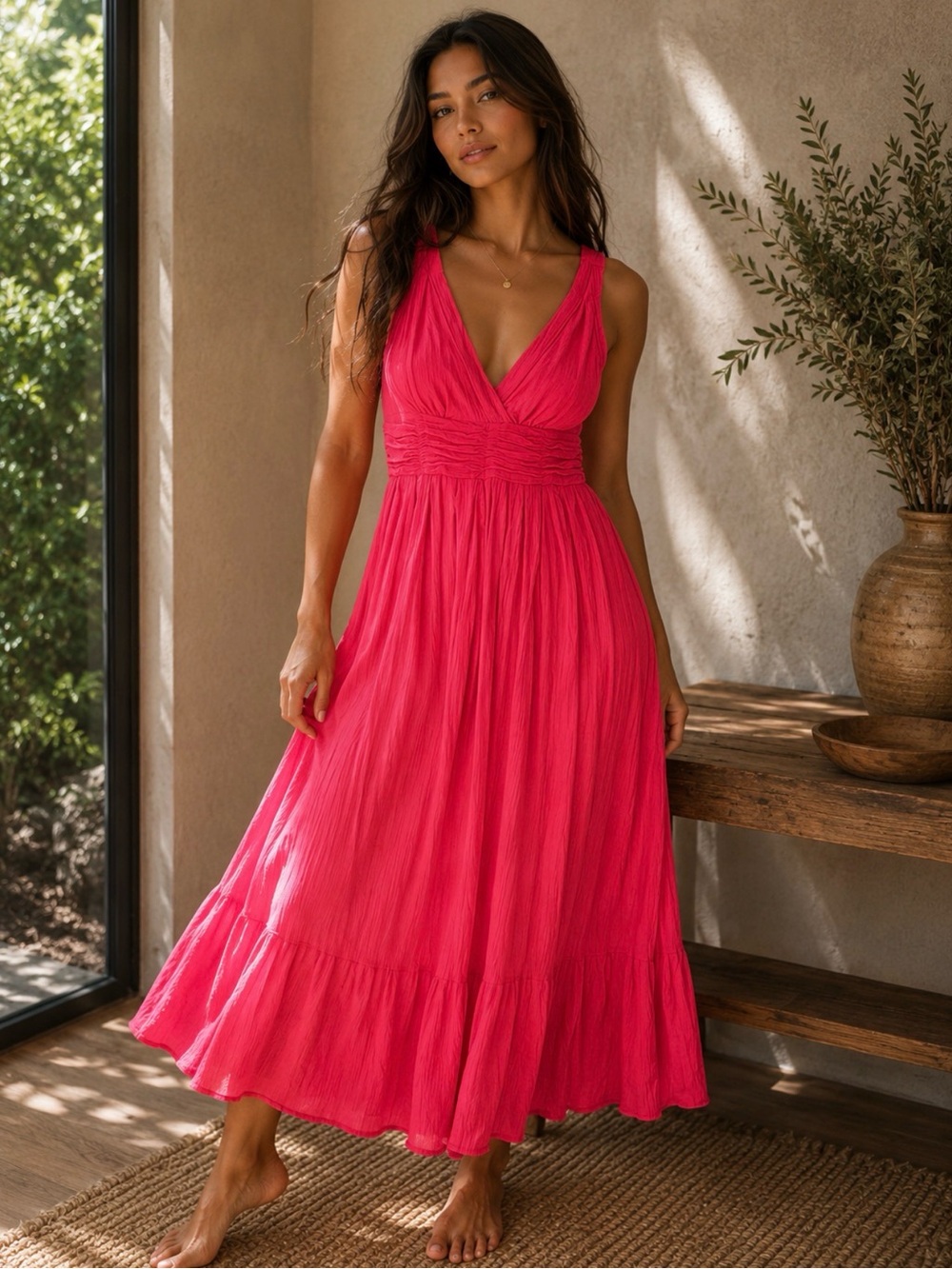 Marc Jacobs Bright Red Pleated V-Neck Sundress